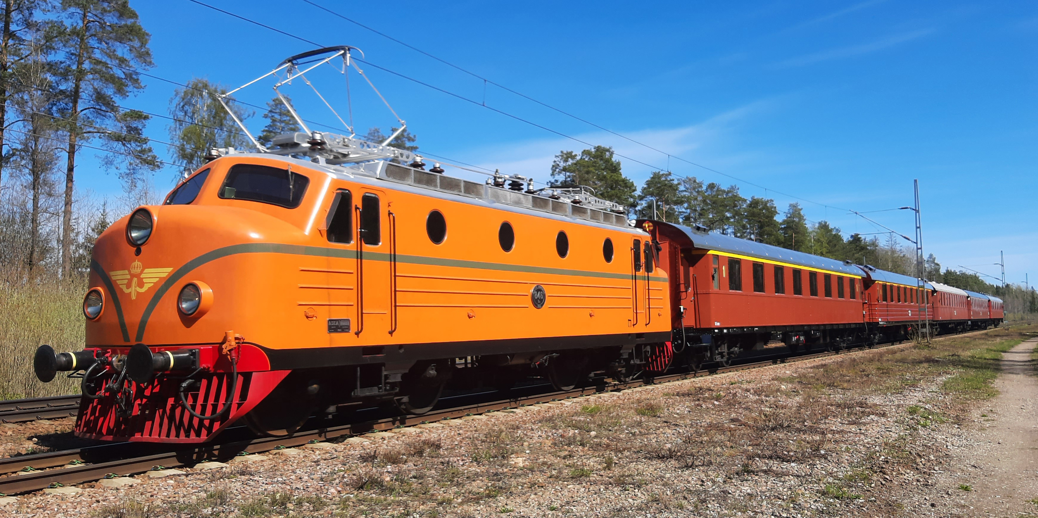 Orange locomotive with several passenger cars stand in front of a summer-green forest.